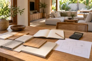 Ilustrasi sampel bahan, buku catatan, kalkulator, dan sketsa untuk merencanakan furnitur villa