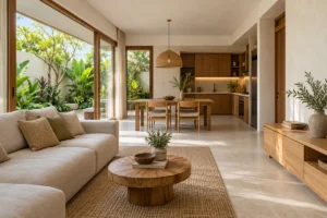 Ilustrasi ruang keluarga, ruang makan, dan pantry villa dengan furnitur kayu yang serasi