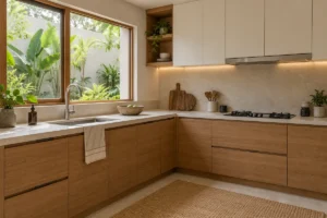 Ilustrasi kitchen set berbentuk L dengan kabinet kayu dan putih serta pencahayaan alami