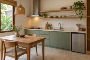 Ilustrasi pantry villa sewa dengan kabinet hijau sage, rak terbuka, dan meja makan kecil