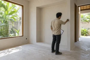 Ilustrasi petugas mengukur ceruk dinding untuk perencanaan kabinet interior villa